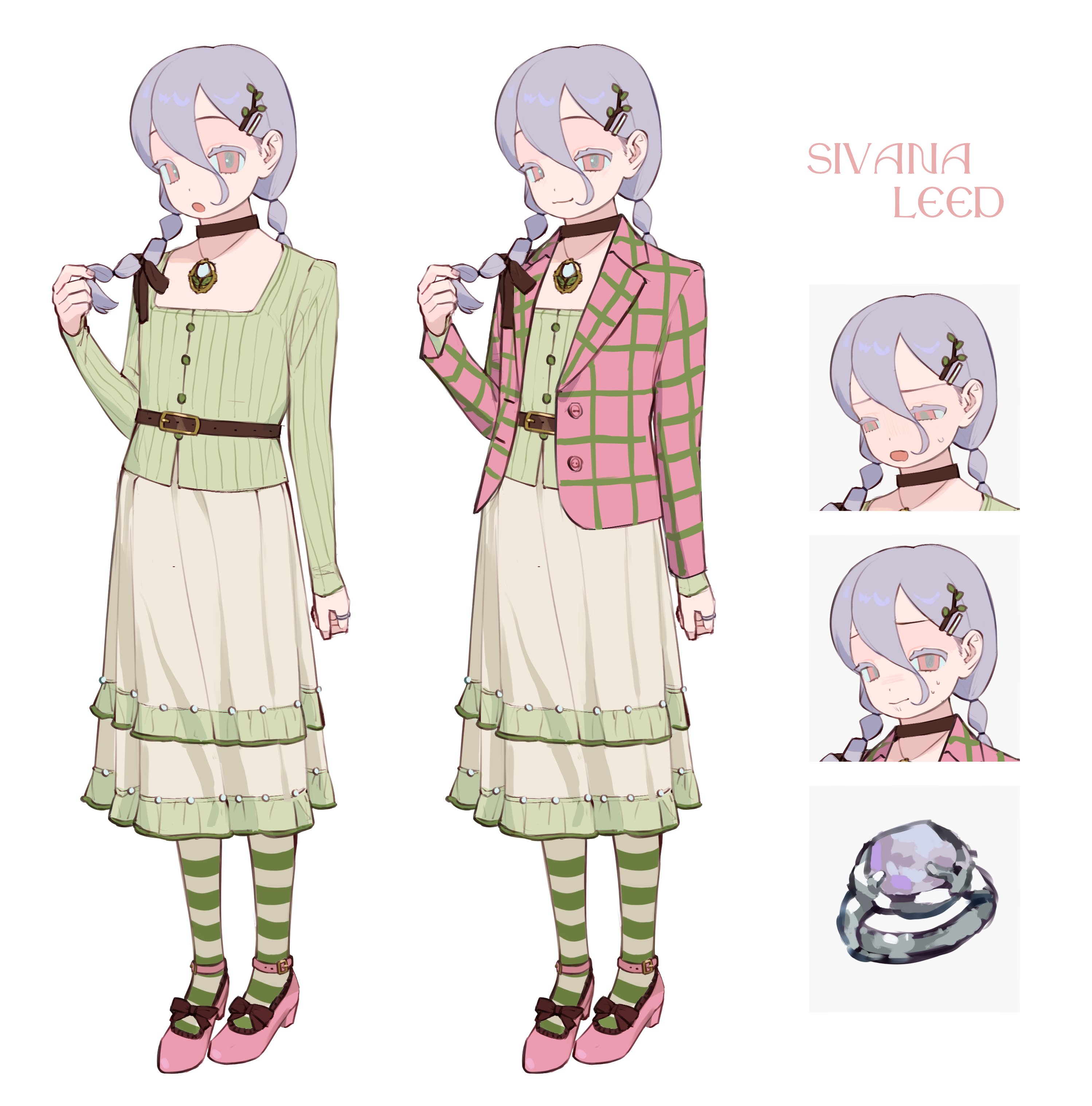 oversleep, original, absurdres, highres, 1girl, belt, black choker, bow, braid, choker, dress, english text, full body, hair between eyes, hair bow, hair ornament, high heels, jacket, jewelry, long hair, long skirt, long sleeves, low twintails, mary janes, multiple expressions, multiple views, pantyhose, pendant, pink eyes, pink jacket, pink shoes, plaid clothes, plaid jacket, purple hair, reference sheet, shoes, skirt, smile, standing, striped clothes, striped thighhighs, thighhighs, twin braids, twintails