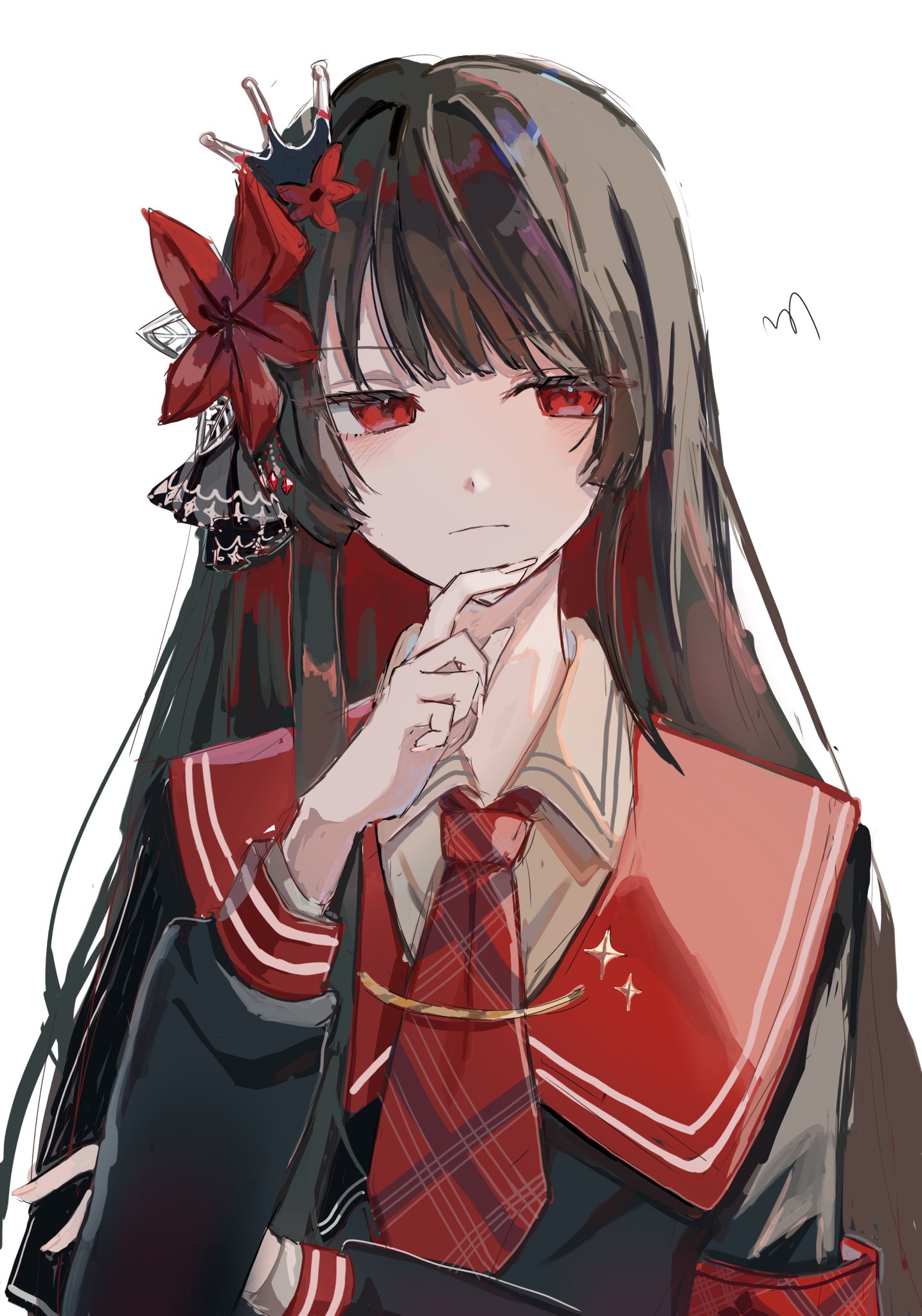 nikaidou hiro, mahou shoujo no majo saiban, commentary request, highres, 1girl, armband, black hair, black shirt, blunt bangs, closed mouth, collared shirt, crown, flower, hair flower, hair ornament, hand on own chin, hand up, long hair, long sleeves, looking to the side, magical girl, mirin (mir1n0), necktie, plaid clothes, plaid necktie, red armband, red eyes, red flower, red necktie, shirt, simple background, solo, upper body, white background, white shirt
