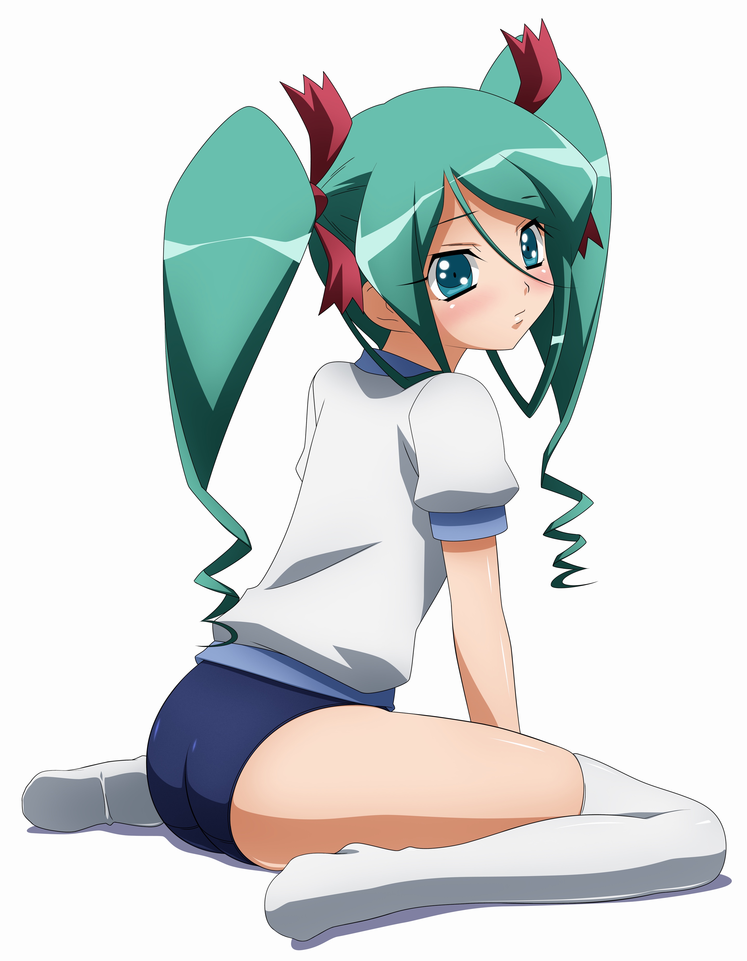 onnanoko suwari, sugimura tomokazu, kuroki manatsu, utakata, absurdres, highres, 00s, blush, buruma, green hair, gym uniform, kneeling, ribbon, socks, solo, thighhighs, twintails