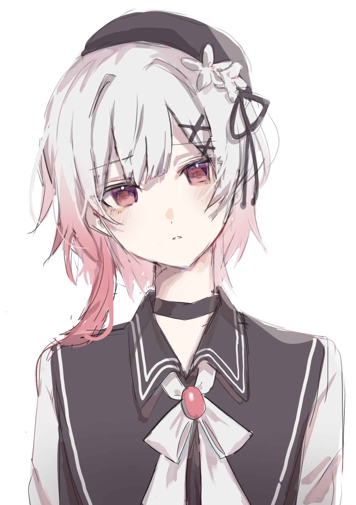 sakuraba ema, mahou shoujo no majo saiban, commentary request, highres, 1girl, beret, black choker, black hat, choker, flower, gradient hair, hair ornament, hat, hat flower, head tilt, looking at viewer, magical girl, mirin (mir1n0), multicolored hair, neck ribbon, pink eyes, pink hair, ribbon, short hair, simple background, solo, upper body, white background, white flower, white hair, white ribbon, x hair ornament
