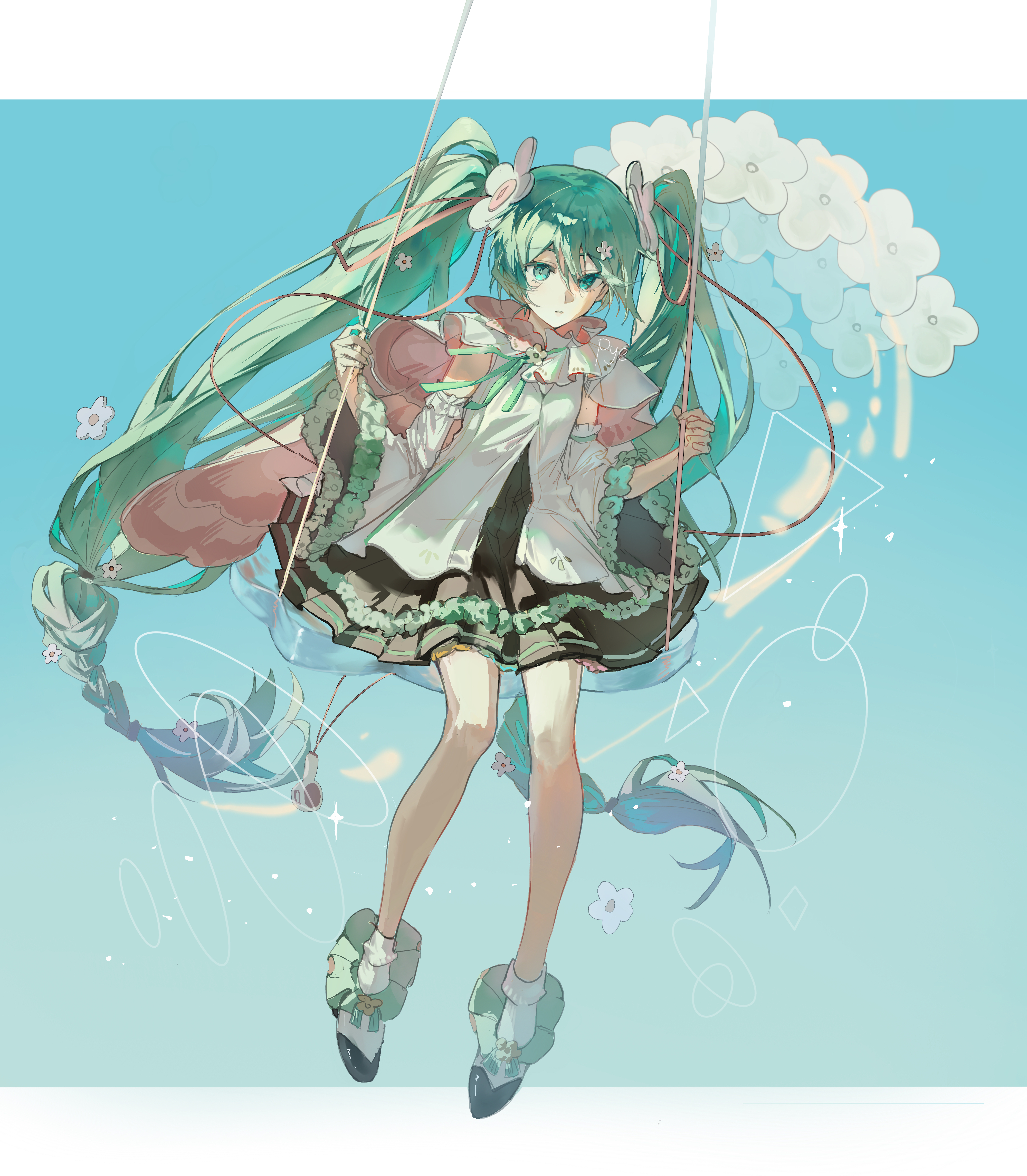pye yyy, hatsune miku, vocaloid, absurdres, commentary, highres, symbol-only commentary, 1girl, ankle socks, aqua eyes, aqua hair, bare legs, bare shoulders, black skirt, black sleeves, blue sky, border, braid, breasts, cape, circle, day, double-parted bangs, flower, flower-trimmed sleeves, footwear flower, frilled cape, frilled footwear, frilled sleeves, frilled socks, frills, full body, green flower, hair between eyes, hair flower, hair ornament, hands up, light particles, long hair, long sleeves, looking ahead, miniskirt, on swing, orange flower, outdoors, outside border, parted lips, pink cape, pleated skirt, shirt, shoes, single horizontal stripe, sitting, skinny, skirt, sky, sleeveless, sleeveless shirt, small breasts, socks, solo, sparkle, swing, triangle, twin braids, two-sided cape, two-sided fabric, two-sided sleeves, very long hair, white border, white cape, white flower, white shirt, white shoes, white socks, wide sleeves