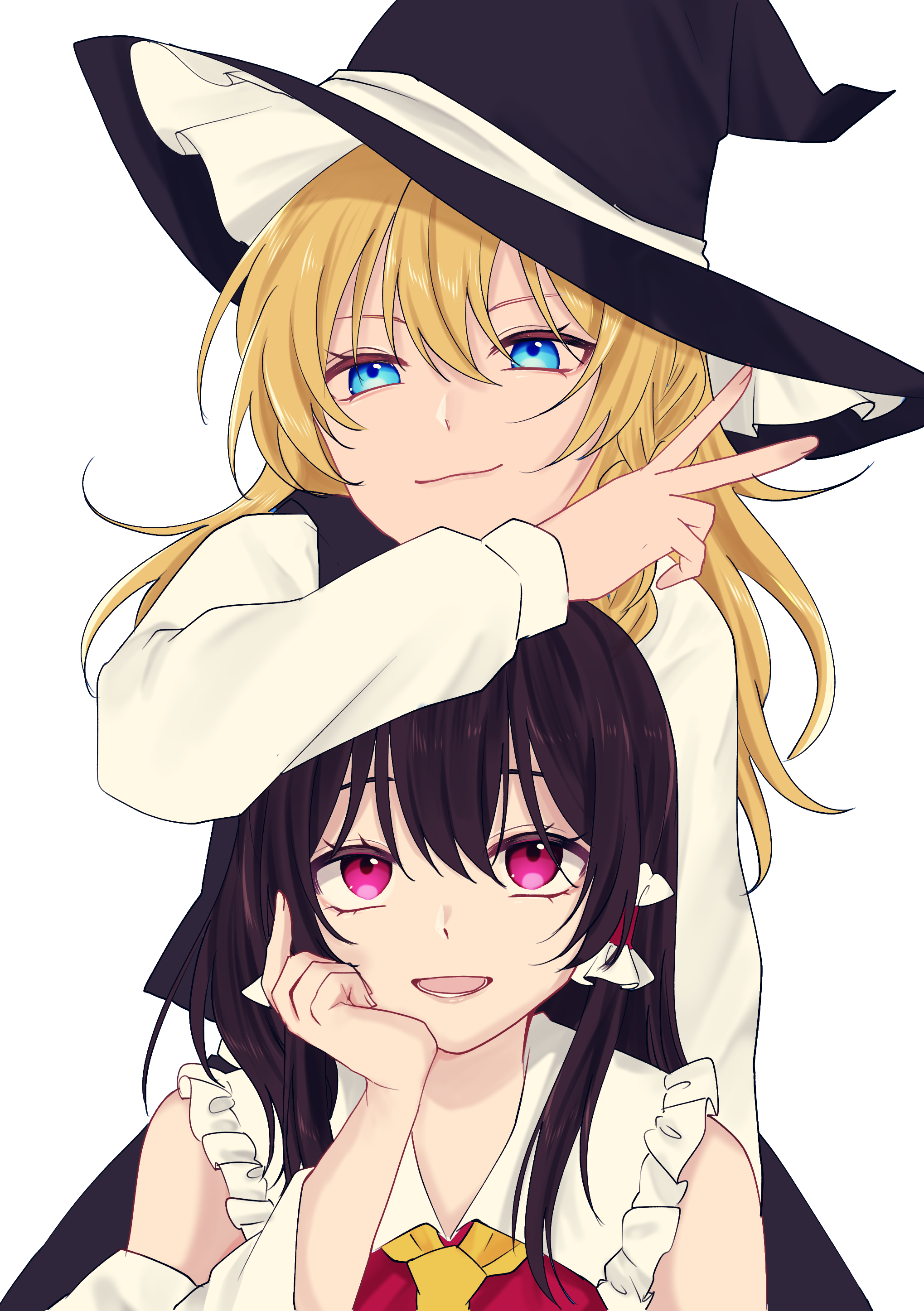 asagiri rin, hakurei reimu, kirisame marisa, touhou, absurdres, commentary request, highres, 2girls, ascot, black hat, black skirt, black vest, blonde hair, blue eyes, braid, brown hair, chin rest, closed mouth, detached sleeves, frilled hair tubes, frills, hair tubes, hand on own face, hat, head on head, head rest, long hair, long sleeves, looking at viewer, multiple girls, open mouth, pink eyes, side braid, simple background, single braid, skirt, smile, v, very long hair, vest, white background, witch hat, yellow ascot