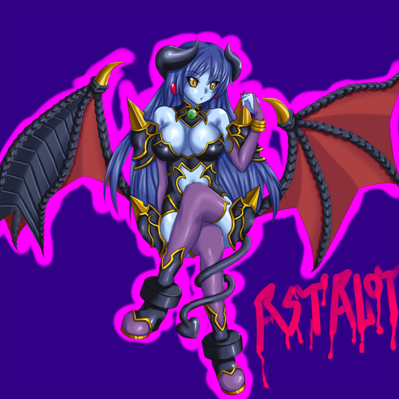 rokuichi, astaroth (shinrabanshou), shinrabanshou, 1girl, black sclera, blue hair, blue skin, boots, breasts, colored sclera, colored skin, covered erect nipples, crossed legs, demon girl, earrings, female focus, heart, heart earrings, horns, jewelry, large breasts, purple boots, sitting, solo, tail, thighhighs, wings, yellow eyes