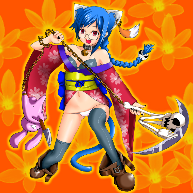 rokuichi, animal ears, blue hair, braid, glasses, japanese clothes, kimono, lowleg, lowleg panties, panties, red eyes, scythe, skindentation, solo, tail, thighhighs, underwear