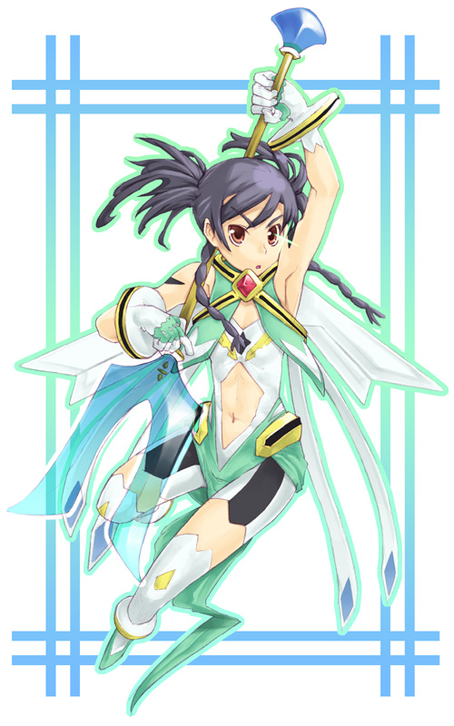 nabeshiki, nabeshiki (rakuneko yashiki), nina wang, my-otome, 00s, 1girl, arm up, armpits, bare shoulders, black hair, bodysuit, boots, braid, brooch, clothing cutout, female focus, gem, gloves, holding, holding weapon, jewelry, long hair, looking at viewer, navel, navel cutout, polearm, red eyes, solo, spear, stomach, thigh boots, thighhighs, transparent, tsurime, twin braids, weapon, white boots, white gloves