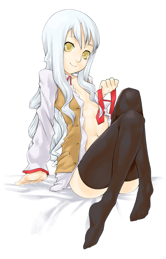nabeshiki, nabeshiki (rakuneko yashiki), caren hortensia, fate/hollow ataraxia, fate/stay night, fate (series), 00s, 1girl, feet, female focus, flat chest, homurabara academy school uniform, open clothes, open shirt, school uniform, serafuku, shirt, sitting, solo, thighhighs