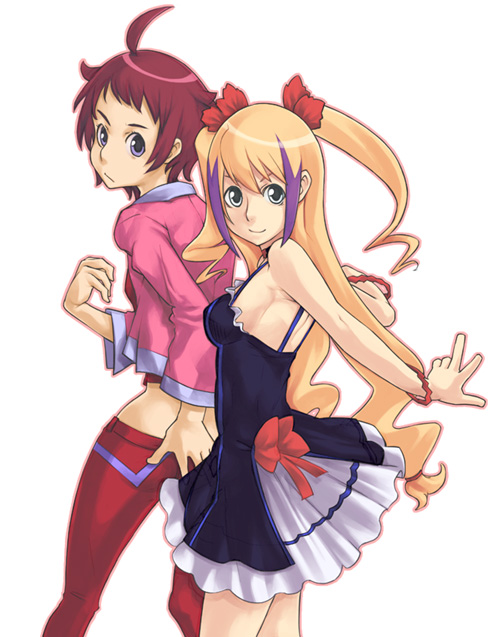 nabeshiki, nabeshiki (rakuneko yashiki), jacqueline baumgold, souya akira, dragonaut, 00s, 2girls, ahoge, armpits, backless dress, backless outfit, black dress, blue eyes, bracelet, breasts, brown hair, cowboy shot, dress, green eyes, jewelry, long hair, long sleeves, looking at viewer, multiple girls, pants, red hair, sideboob, simple background, sleeveless, sleeveless dress, standing, sweater, twintails, very long hair, white background