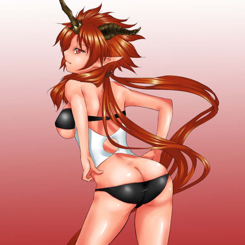 rokuichi, riemsianne, sega, shining (series), shining force exa, 1girl, ass, bent over, breasts, brown hair, butt crack, dimples of venus, female focus, horns, large breasts, pointy ears, revealing clothes, sideboob, solo