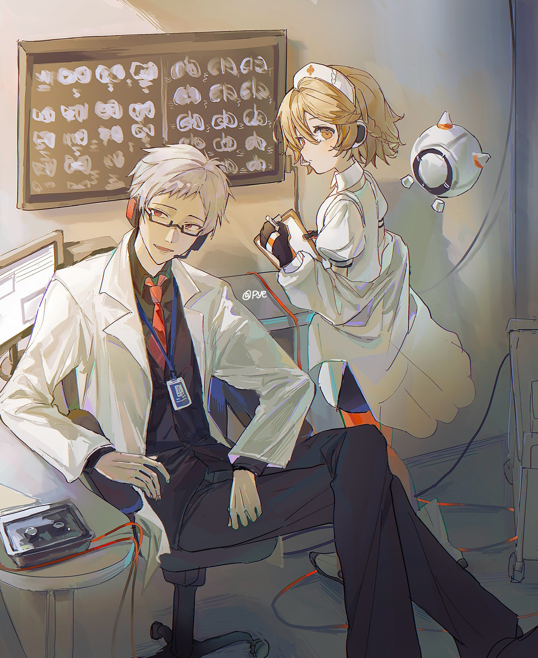 pye yyy, nurse robot type t, utau, commentary, highres, 1boy, 1girl, :d, arm rest, artist name, black-framed eyewear, black gloves, black pants, black shirt, black shorts, brown eyes, brown hair, chair, chromatic aberration, clipboard, closed mouth, coat, coat partially removed, collared shirt, computer, crossed legs, desk, detached collar, double-parted bangs, dr. dareka, expressionless, feet out of frame, film grain, fingernails, full body, glasses, gloves, hair between eyes, hair intakes, hat, headset, holding, holding clipboard, holding pen, indoors, lanyard, lapels, layered sleeves, long sleeves, looking at viewer, looking back, lower teeth only, monitor, necktie, non-humanoid robot, nurse cap, office chair, on chair, open clothes, open coat, open mouth, orange pantyhose, pants, pantyhose, pen, puffy short sleeves, puffy sleeves, rectangular eyewear, red eyes, red necktie, robot, semi-rimless eyewear, shirt, short hair, short sleeves, shorts, smile, standing, swivel chair, teeth, tray, very short hair, white coat, white hair, white hat, white shirt