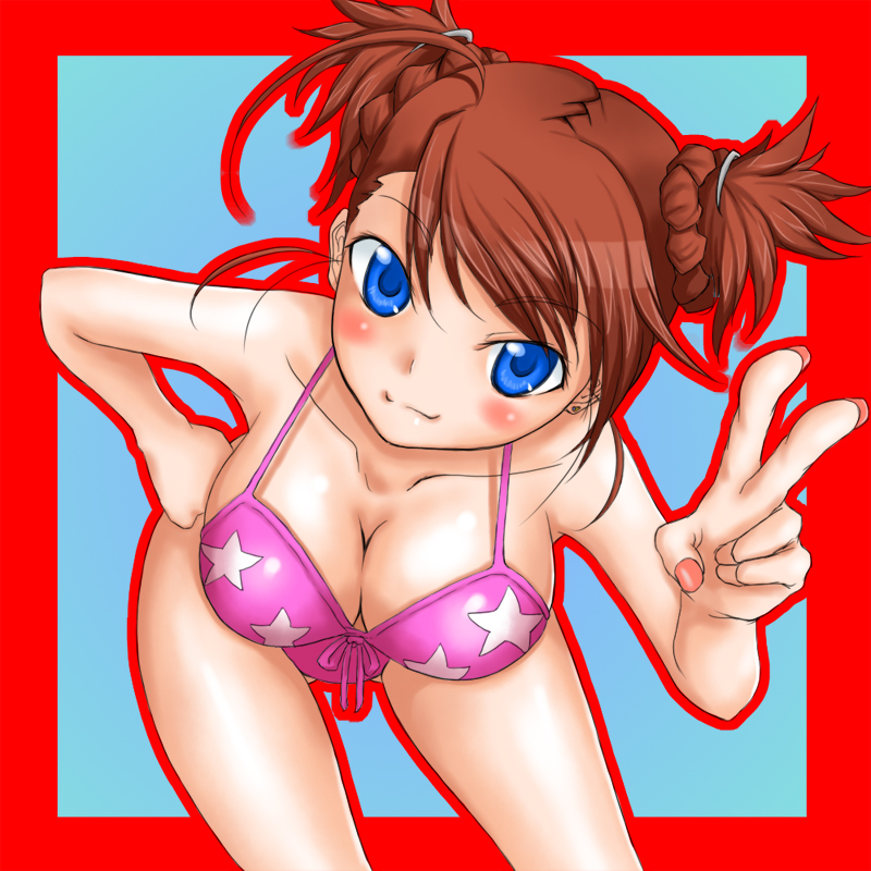 rokuichi, arika yumemiya, my-otome, 00s, 1girl, alternate hairstyle, bent over, bikini, blue eyes, blush, breasts, brown hair, cleavage, female focus, large breasts, pink bikini, solo, swimsuit, thighs, v