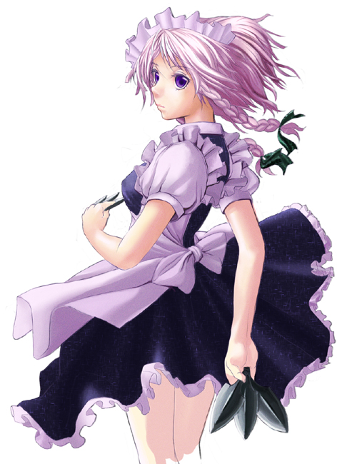 nabeshiki, nabeshiki (rakuneko yashiki), izayoi sakuya, touhou, silver hair, 1girl, braid, female focus, short hair, solo, twin braids