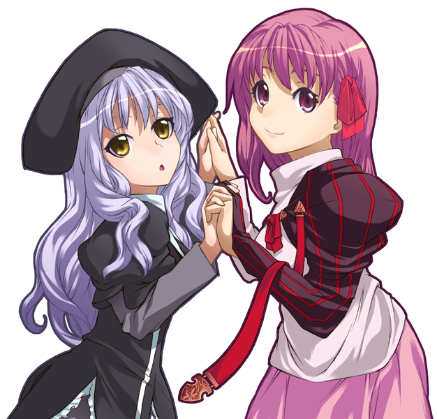 nabeshiki, nabeshiki (rakuneko yashiki), caren hortensia, matou sakura, fate/hollow ataraxia, fate/stay night, fate (series), light purple hair, 00s, 2girls, hair ribbon, layered sleeves, multiple girls, official alternate costume, pantyhose, purple eyes, purple hair, ribbon, yellow eyes