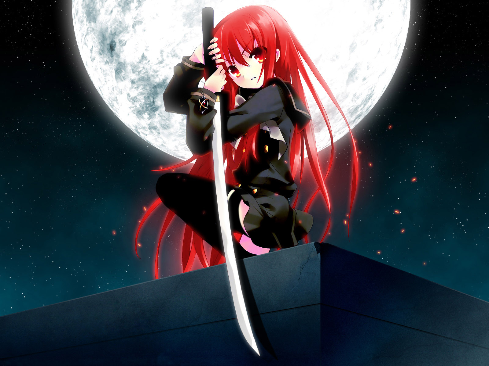 ito noizi, alastor (shakugan no shana), shana, shakugan no shana, highres, official art, official wallpaper, 00s, 1girl, black theme, female focus, full moon, jewelry, katana, long hair, moon, night, on one knee, outdoors, pendant, red eyes, red hair, school uniform, sky, solo, star (sky), star (symbol), starry sky, sword, thighhighs, weapon