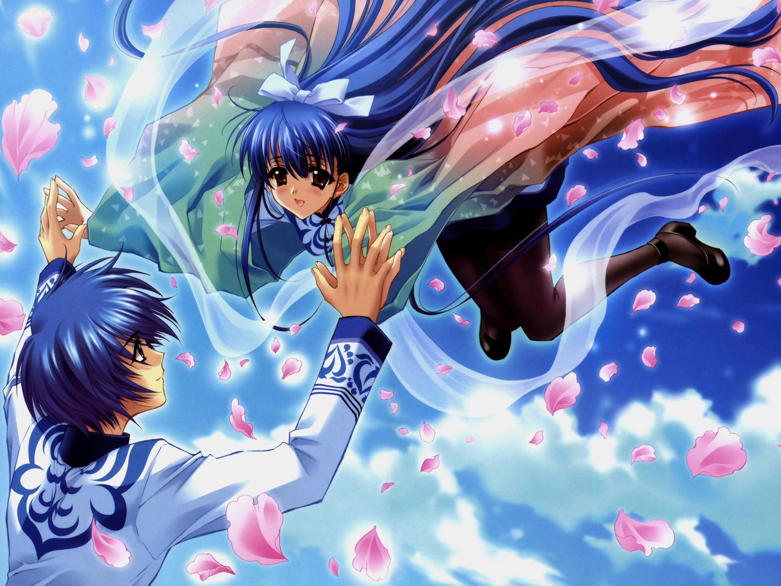 carnelian, kamiazuma touka, kawakabe momoka, touka gettan, highres, 00s, 1boy, 1girl, blue hair, blush, cherry blossoms, cloud, couple, flying, hair between eyes, hair ornament, hairband, hetero, holding hands, laughing, long hair, pantyhose, sky, smile, very long hair