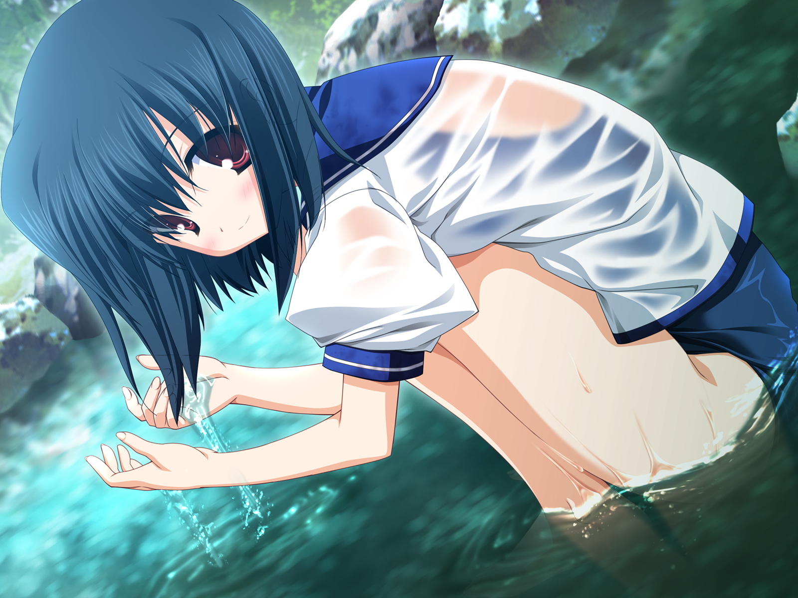 hagiwara onsen, izumi rikka, primitive link, highres, 1girl, bath, black hair, blush, female focus, lake, nature, no pants, one-piece swimsuit, outdoors, red eyes, river, school swimsuit, school uniform, see-through clothes, serafuku, short hair, solo, squatting, swimsuit, swimsuit under clothes, wading, water, wet, wet clothes