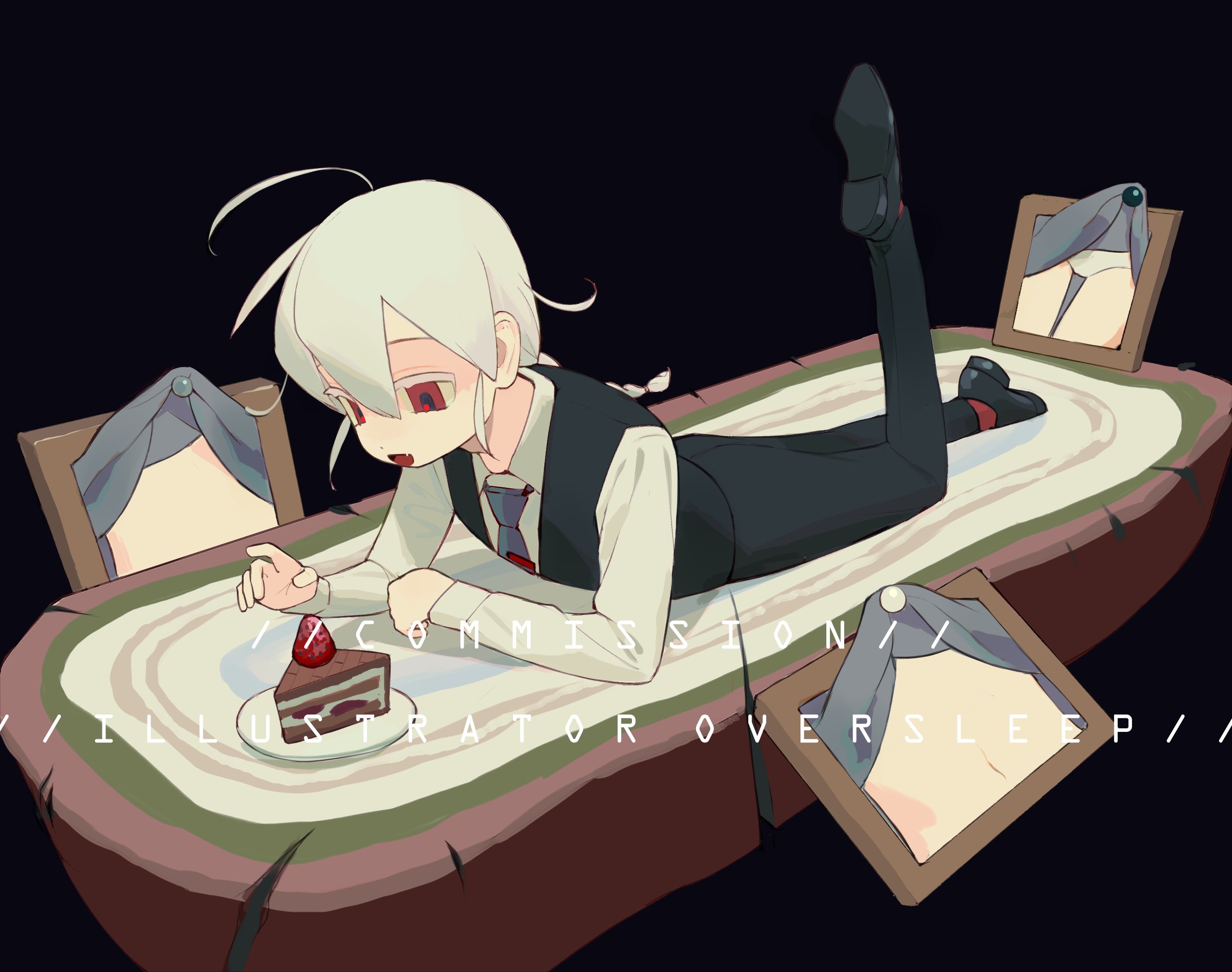 oversleep, original, highres, 1boy, 1girl, ahoge, black pants, black vest, blue necktie, cake, cake slice, collared shirt, english text, food, full body, hair between eyes, long sleeves, looking down, lying, necktie, on stomach, open mouth, pants, red eyes, shirt, smile, vest, white shirt