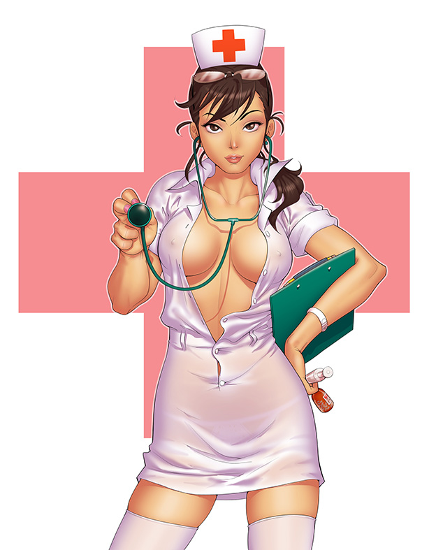 chester ocampo, uniform, 1girl, breasts, brown eyes, brown hair, cleavage, clipboard, collarbone, covered erect nipples, female focus, glasses, glasses on head, hand on own hip, hat, large breasts, no bra, nurse, nurse cap, open clothes, open shirt, parted lips, ponytail, see-through clothes, shirt, solo, stethoscope, thighhighs, unbuttoned, white thighhighs, zettai ryouiki