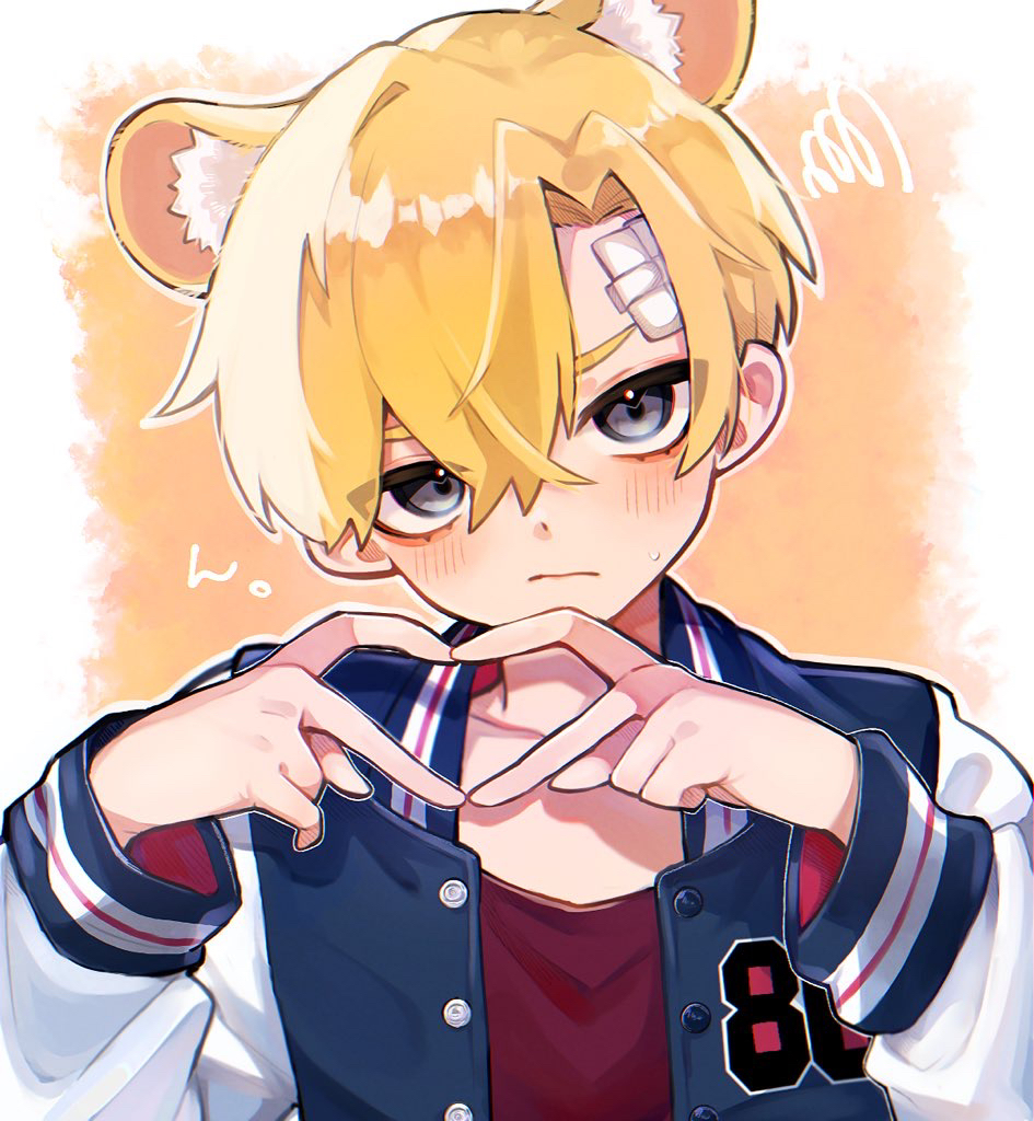 original, commentary request, 1boy, animal ear fluff, animal ears, blonde hair, blue eyes, blush, closed mouth, finger heart, gauze, gauze on forehead, hair between eyes, jacket, letterman jacket, long sleeves, looking at viewer, male focus, open clothes, open jacket, red shirt, shirt, simple background, solo, squiggle, sweat, tama chan022, upper body