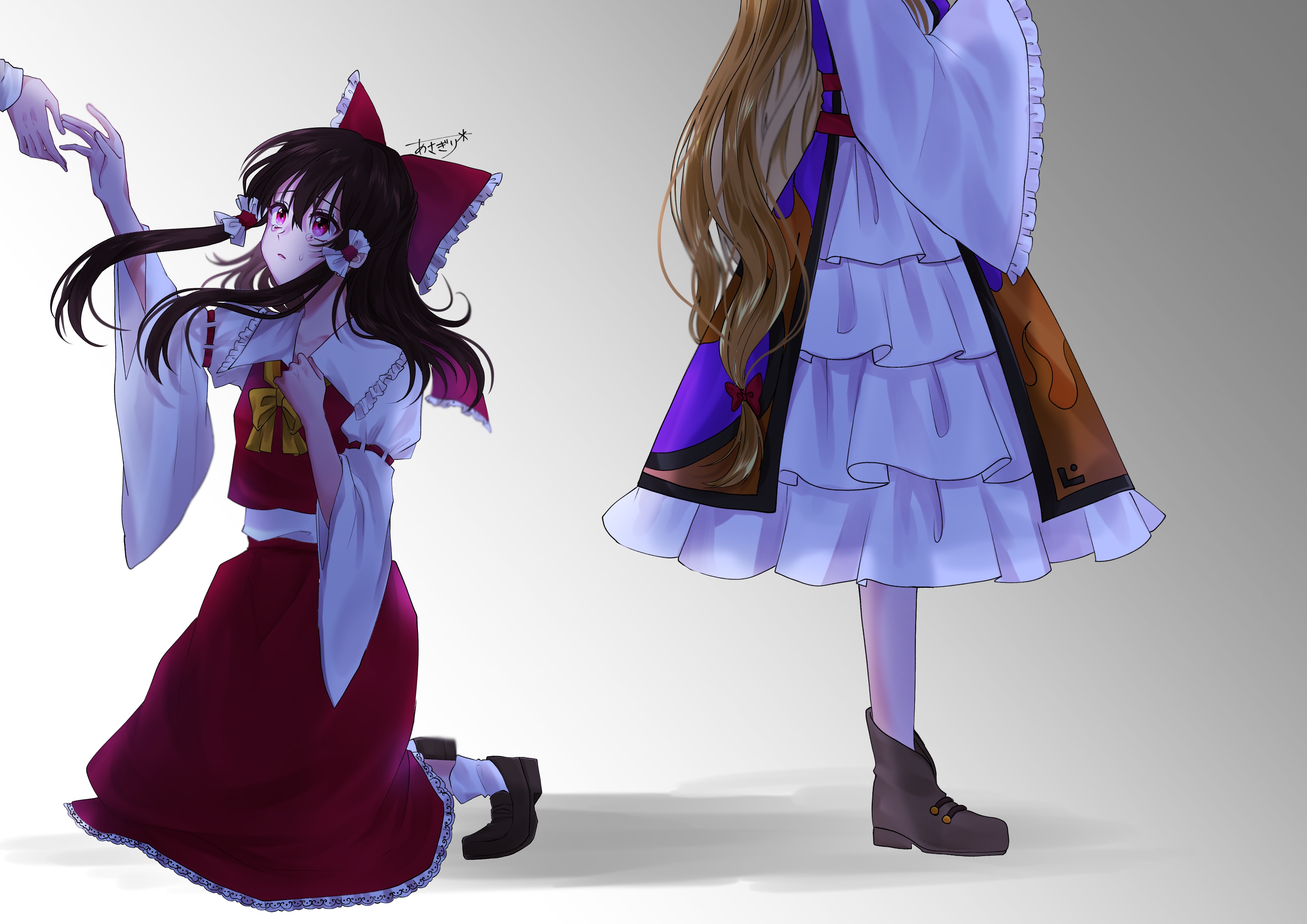 asagiri rin, hakurei reimu, kirisame marisa, yakumo yukari, touhou, absurdres, commentary request, highres, 3girls, artist name, blonde hair, bow, bowtie, brown hair, brown shoes, crying, crying with eyes open, detached sleeves, dress, frilled bow, frilled dress, frilled hair tubes, frilled skirt, frilled sleeves, frills, hair bow, hair tubes, kneeling, long hair, long sleeves, multiple girls, pink eyes, purple tabard, red bow, red skirt, ribbon-trimmed sleeves, ribbon trim, shoes, skirt, skirt set, socks, tabard, tears, very long hair, white dress, white socks, wide sleeves, yellow bow, yellow bowtie