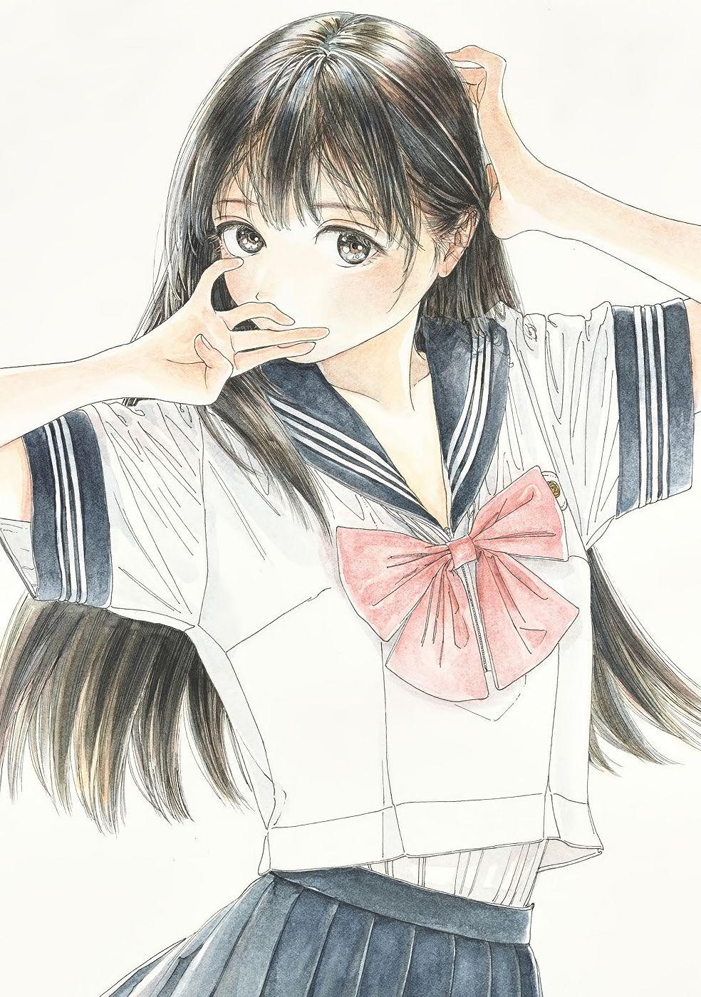 hiro (dismaless), akebi komichi, akebi-chan no serafuku, colorized, highres, official art, 1girl, black eyes, black hair, black skirt, blunt bangs, blush, bow, collarbone, covering own mouth, dot nose, female focus, hand covering face, hand on own head, long hair, looking at viewer, manga illustration, manga page, pink bow, pleated skirt, roubai academy school uniform (old), school uniform, serafuku, shirt, shirt under shirt, short sleeves, simple background, skirt, solo, solo focus, white background, white serafuku, white shirt