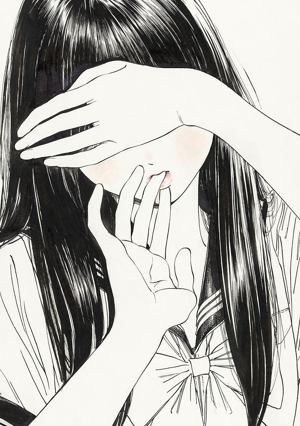 hiro (dismaless), akebi komichi, akebi-chan no serafuku, highres, official art, 1girl, black hair, blush, covering own eyes, dot nose, female focus, finger to mouth, hand covering face, long hair, manga page, mangaka, monochrome, school uniform, serafuku, short sleeves, simple background, solo, solo focus, white background