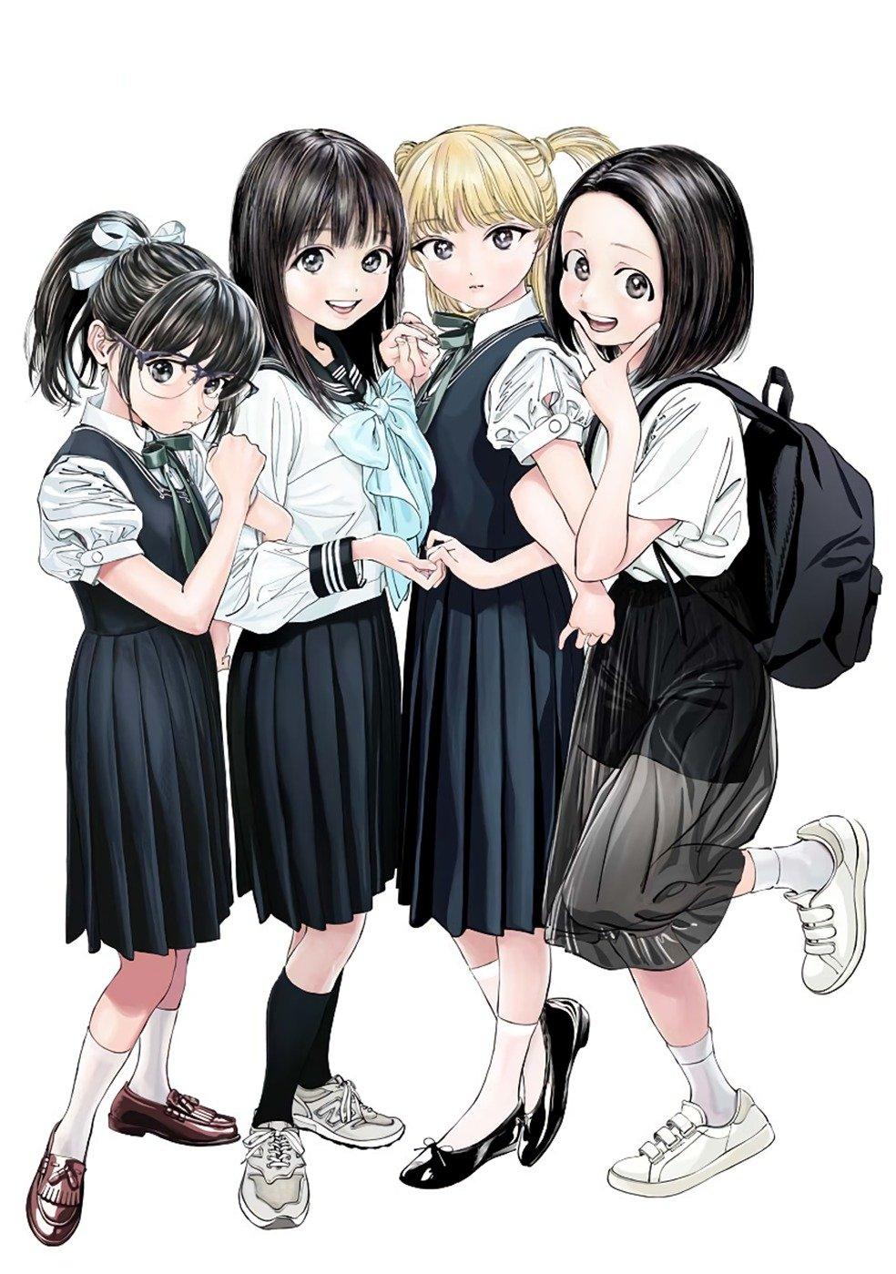 hiro (dismaless), akebi komichi, kizaki erika, tatsumori ai, usagihara touko, akebi-chan no serafuku, colorized, highres, official art, 4girls, black bag, black eyes, black hair, black shoes, black shorts, black skirt, black socks, black vest, blonde hair, blue bow, blunt bangs, bow, breasts, brown shoes, closed mouth, collared shirt, dot nose, female focus, forehead, full body, glasses, green ribbon, hair ribbon, holding hands, long hair, long skirt, long sleeves, looking at viewer, manga illustration, manga page, multiple girls, one leg raised, open mouth, peace symbol, pleated skirt, ponytail, ribbon, roubai academy school uniform (old), see-through clothes, see-through skirt, serafuku, shirt, shoes, short hair, short sleeves, shorts, skirt, small breasts, smile, socks, teeth, twintails, upper teeth only, vest, white ribbon, white serafuku, white shirt, white shoes, white socks