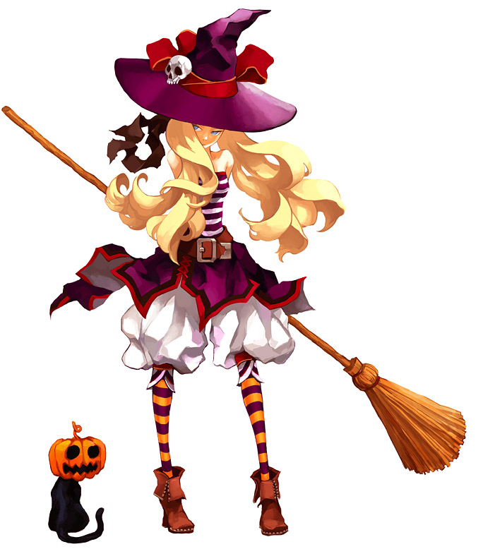 migikiki, original, 1girl, bare shoulders, belt, black cat, blonde hair, bloomers, blue eyes, blue hair, broom, brown shoes, cat, female focus, full body, hair ornament, halloween, hat, jack-o'-lantern, matching hair/eyes, pantyhose, patterned legwear, pumpkin, shirt, shoes, skirt, skull, skull hair ornament, sleeveless, solo, standing, strapless, striped clothes, striped pantyhose, striped shirt, thighhighs, tube top, underwear, white background, witch, witch hat