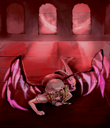 cis (carcharias), flandre scarlet, touhou, lowres, 1girl, arch, barefoot, blonde hair, closed eyes, crystal, demon wings, dress, female focus, frills, full body, hat, lying, mob cap, on stomach, pillar, puffy short sleeves, puffy sleeves, red dress, red theme, short sleeves, solo, vampire, window, wings