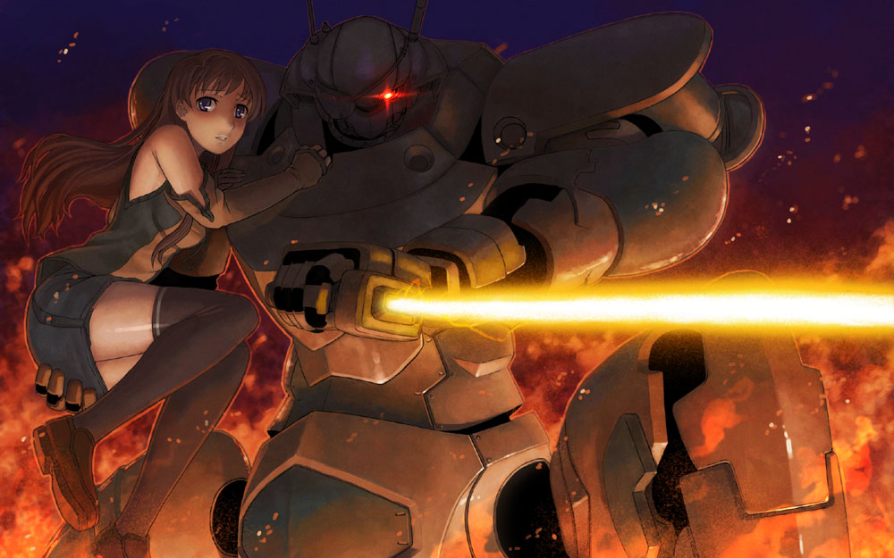 itou (onsoku tassha), 1girl, blue eyes, brown hair, energy sword, fire, glowing, glowing eye, lightsaber, mecha, onnsoku, robot, sword, thighhighs, weapon, zettai ryouiki