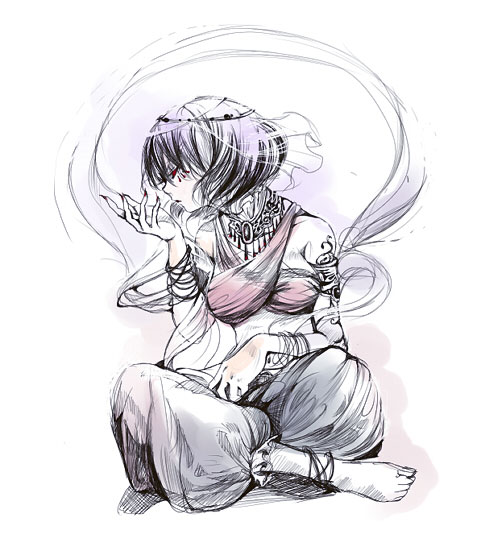 cis (carcharias), yasaka kanako, touhou, 1girl, alternate costume, ankle ribbon, arabian clothes, arm ribbon, armlet, bare shoulders, barefoot, breasts, cleavage, closed eyes, facial mark, female focus, fingernails, full body, hagoromo, hairband, half-closed eyes, hand up, indian style, jewelry, large breasts, leg ribbon, monochrome, nail polish, necklace, pants, parted lips, purple hair, red eyes, red nails, ribbon, sharp fingernails, shawl, short hair, simple background, sitting, sketch, solo, spot color, veil, white background