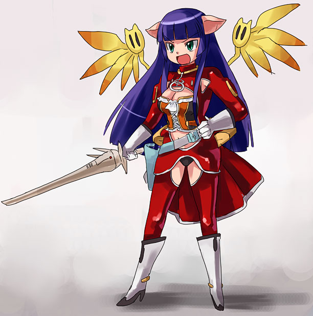 seseri, seseri (espgaluda), cave (developer), espgaluda, muchi muchi pork, 1girl, angry, animal ears, boots, breasts, bustier, cleavage, female focus, gloves, green eyes, gun, hand on own hip, large breasts, lingerie, long hair, open mouth, parody, pig ears, pig girl, simple background, solo, standing, sword, underwear, weapon