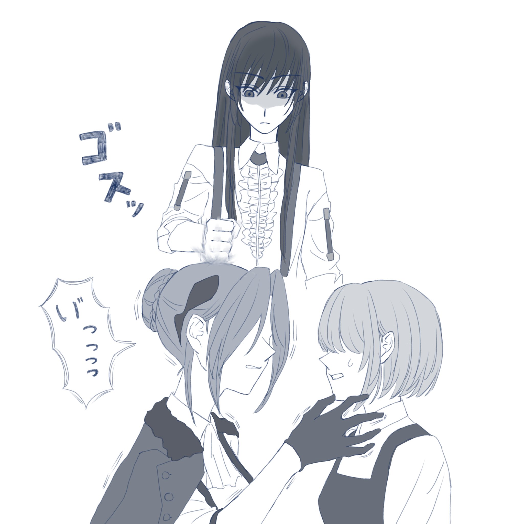 hanamura shiki, yanagi mion, heaven burns red, highres, 3girls, black gloves, black hair, gloves, jacket, jacket on shoulders, long hair, mob face, multiple girls, overalls, parted bangs, shirt, sidelocks, suspenders, suyuu 63, white shirt, yuri