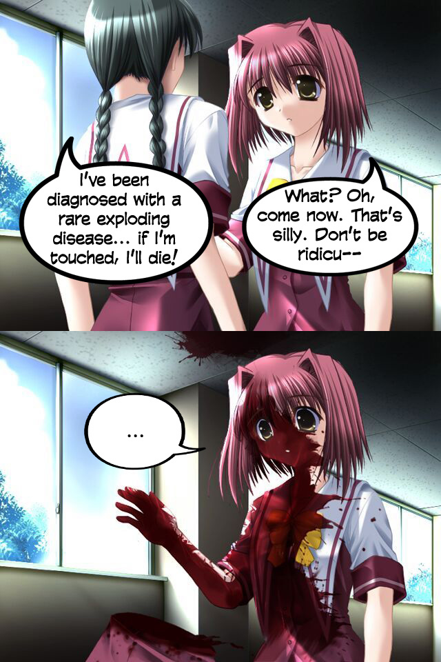 third-party edit, black hair, blood, braid, comic, guro, long hair, red hair, school uniform, serafuku, short hair, surprised, twin braids, what, window, yellow eyes