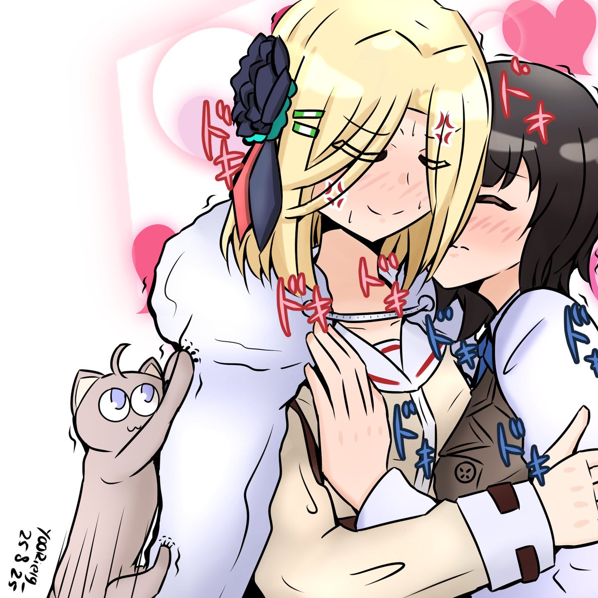 yoorie19, aoi erika, minase ichigo, minase sumomo, heaven burns red, highres, 2girls, animalization, black hair, blonde hair, blush, breasts, cape, cat, flower, fur-trimmed cape, fur trim, hair flower, hair ornament, hug, long sleeves, multiple girls, shirt, short hair, yuri