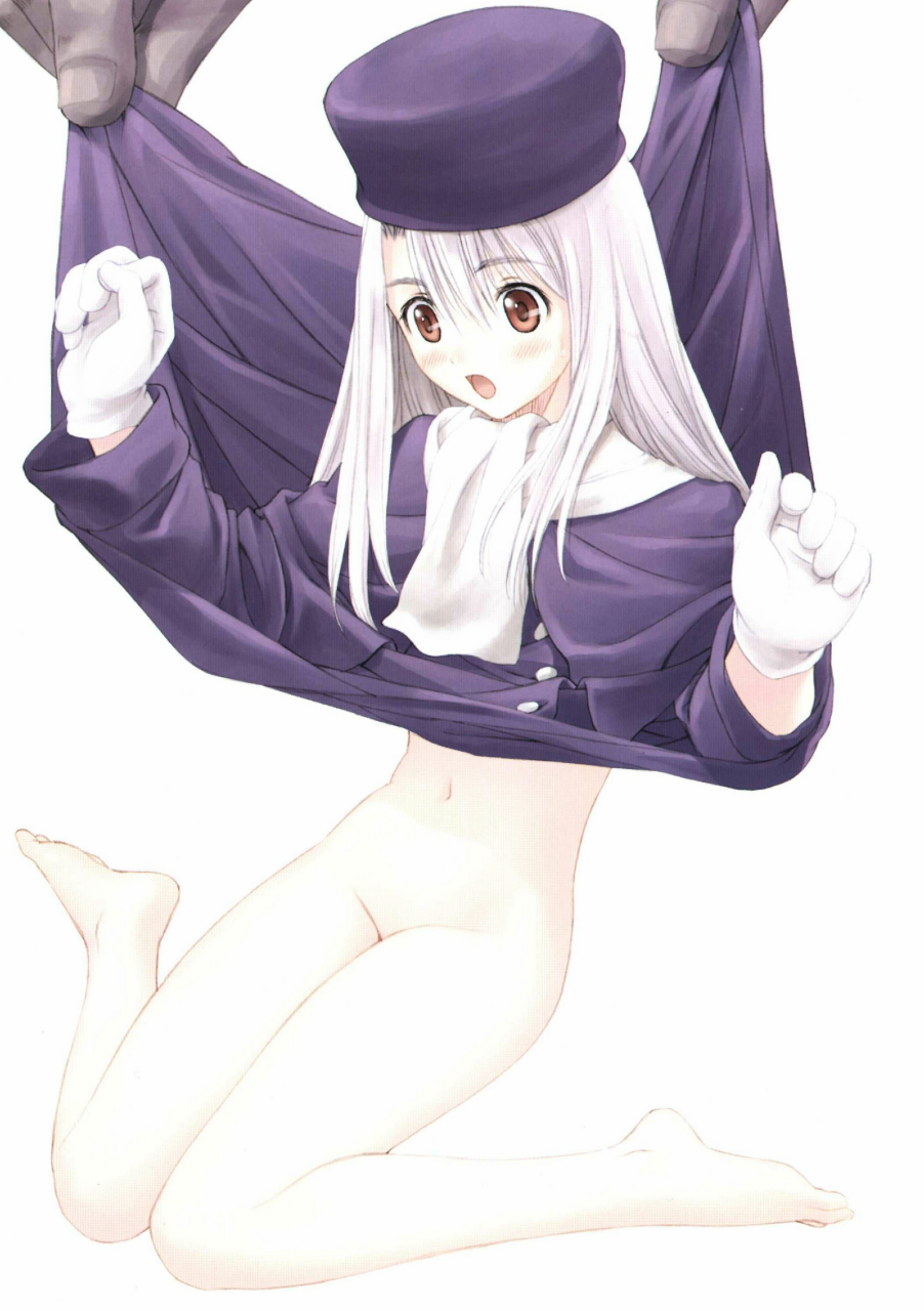 tony taka, heracles (fate), illyasviel von einzbern, fate/stay night, fate (series), highres, 00s, 1boy, 1girl, :o, albino, assertive female, assisted exposure, barefoot, blush, buttons, capelet, clothes lift, clothes pull, coat, colored skin, dress pull, flat chest, full body, gloves, grey skin, groin, hat, kneeling, legs, loli, long hair, long sleeves, navel, no panties, open mouth, petite, purple hat, red eyes, scarf, simple background, sitting, size difference, skirt, skirt lift, solo focus, surprised, surprised arms, undressing, wariza, white background, white gloves, white hair, white scarf