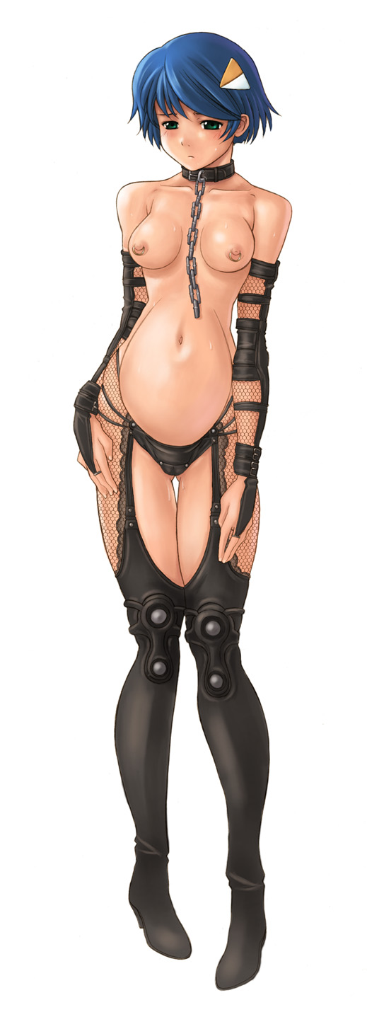 yasuomi, scheris adjani, scryed, highres, 00s, 1girl, breasts, chain, collar, female focus, full body, nipple piercing, nipple rings, nipples, piercing, pregnant, slave, solo, thighhighs