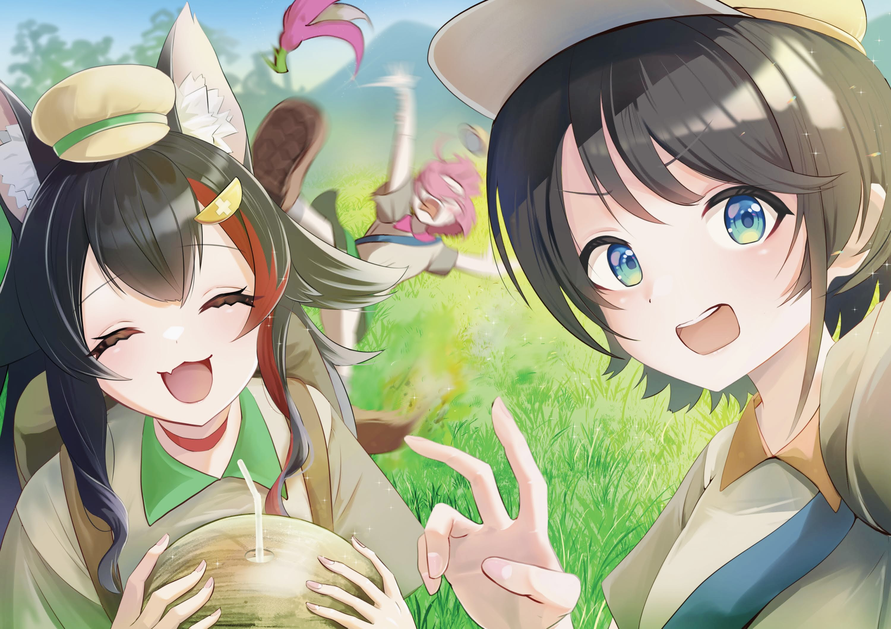 sawari 66, ookami mio, oozora subaru, sakura miko, hololive, peak (game), commentary request, highres, 3girls, :3, animal ear fluff, animal ears, black hair, brown shirt, brown shoes, coconut, day, drinking straw, falling, fang, food, grass, green eyes, green skirt, hat, holding, holding food, long hair, looking at viewer, medium hair, multicolored hair, multiple girls, open clothes, outdoors, pink hair, red hair, screaming, selfie, shirt, shoes, short sleeves, skin fang, skirt, smile, streaked hair, teeth, tongue, upper teeth only, wolf ears, wolf girl, yellow hat