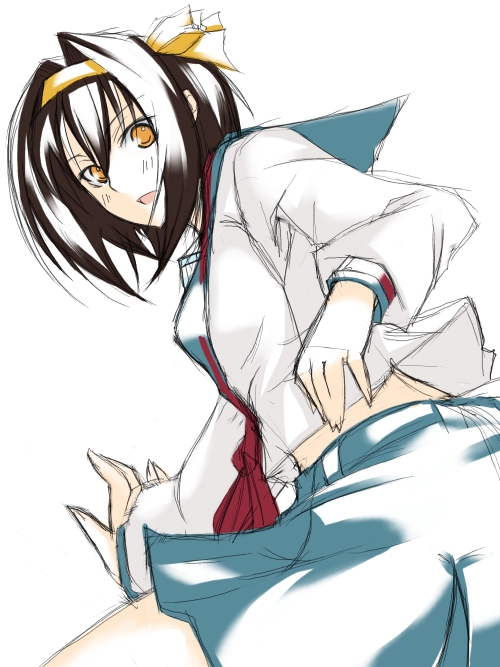 ribi, suzumiya haruhi, suzumiya haruhi no yuuutsu, 00s, 1girl, ascot, black hair, blue skirt, brown eyes, brown hair, female focus, hair ribbon, hairband, long hair, long sleeves, looking at viewer, midriff, red skirt, ribbon, school uniform, serafuku, shirt, short hair, simple background, sketch, skirt, solo, white background, white shirt, yellow ribbon
