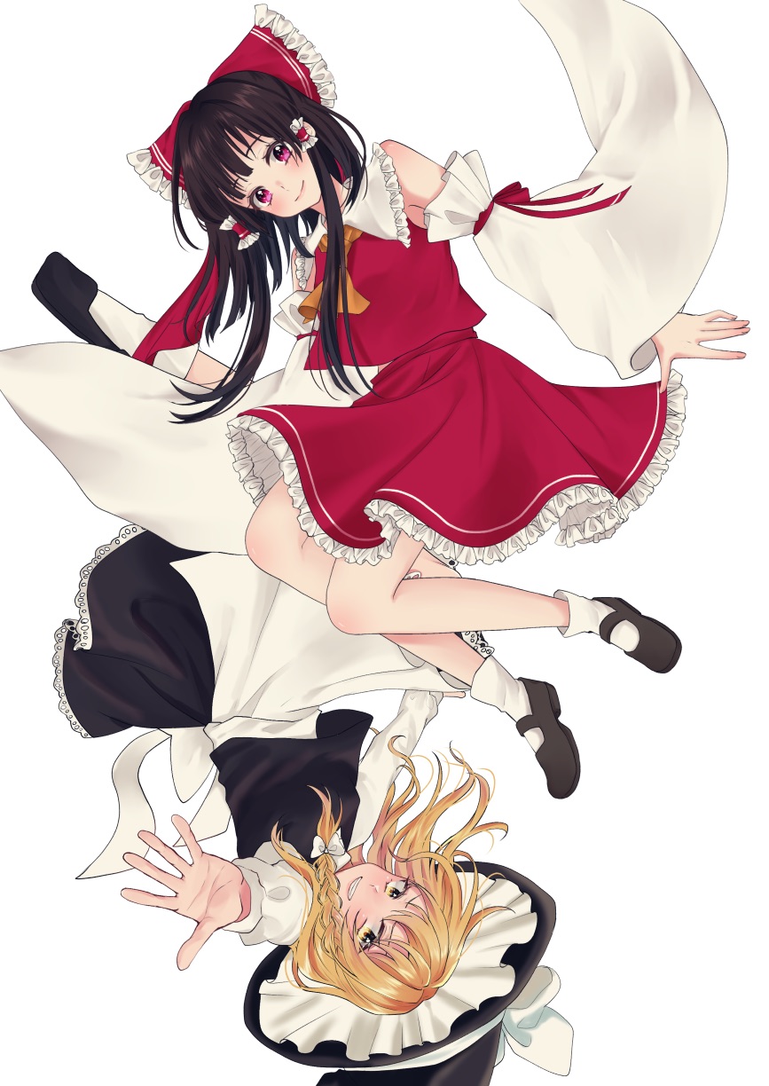 asagiri rin, hakurei reimu, kirisame marisa, touhou, commentary request, highres, 2girls, apron, ascot, black hat, black shoes, black skirt, black vest, blonde hair, bow, braid, brown hair, detached sleeves, frilled bow, frilled hair tubes, frilled skirt, frills, grin, hair bow, hair tubes, hat, hat bow, long hair, long sleeves, looking at viewer, mary janes, multiple girls, pink eyes, red bow, red skirt, ribbon trim, shoes, side braid, single braid, skirt, skirt set, smile, socks, upside-down, vest, waist apron, white apron, white bow, white socks, witch hat, yellow ascot, yellow eyes