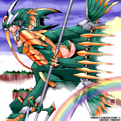 yone88, yonezuka ryou, darius (series), darius gaiden, lowres, 1girl, breasts, cloud, female focus, large breasts, leaning forward, mecha musume, oekaki, outdoors, polearm, rainbow, sky, solo, trident, weapon
