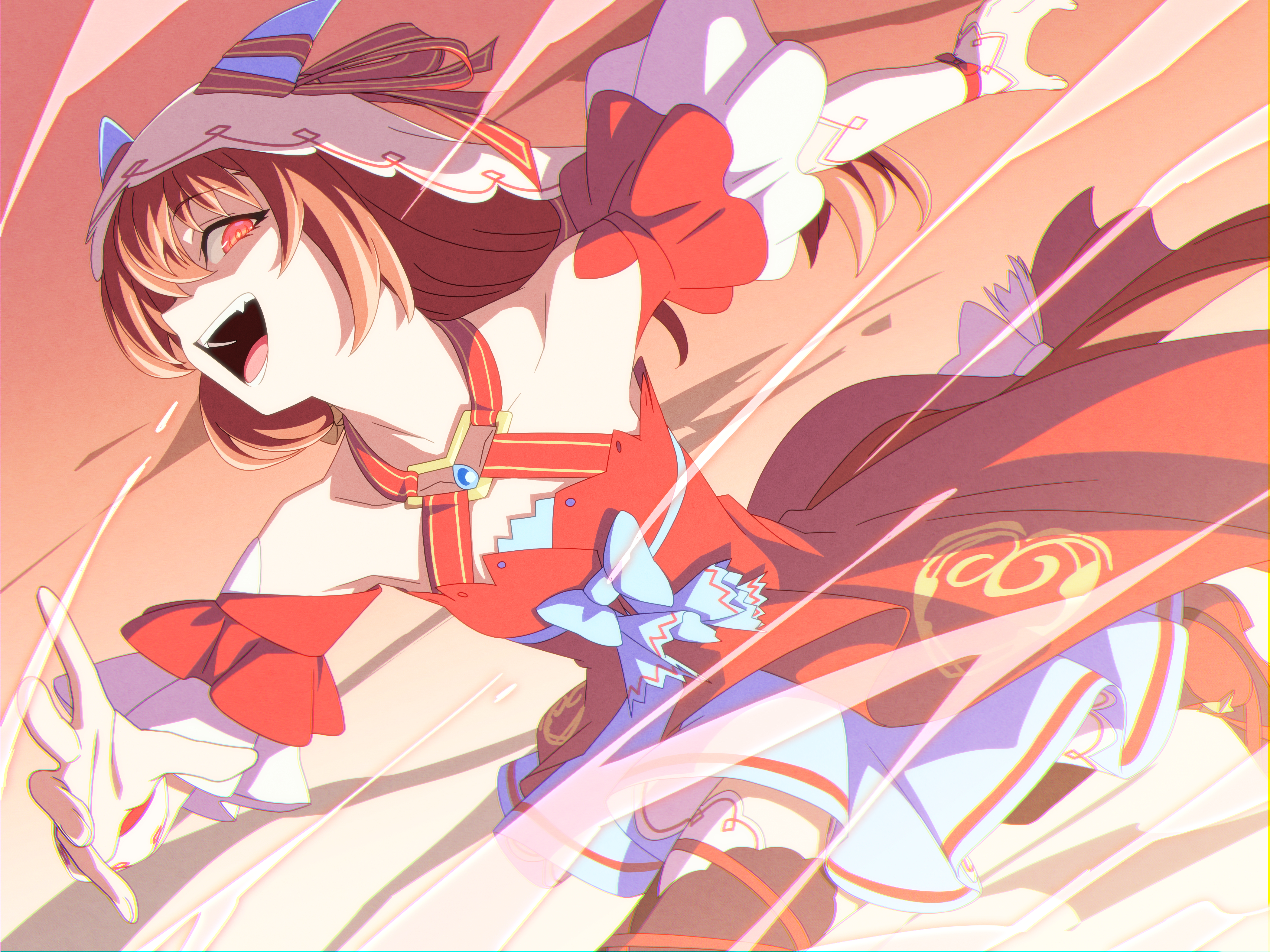 baasaku (balasaku24), still in love (umamusume), umamusume, absurdres, highres, 1girl, animal ears, brown hair, crazy smile, detached sleeves, dress, hair over one eye, horse ears, horse girl, looking at viewer, red dress, red eyes, running, smile, solo, teeth