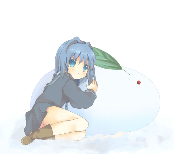 hizu, ichiya (obey), minase nayuki, kanon, 1girl, aged down, blue eyes, blue hair, boots, braid, female focus, hair intakes, matching hair/eyes, school uniform, serafuku, snow rabbit, solo