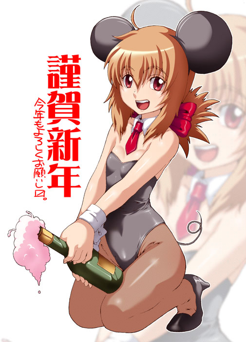 caryo, tabigarasu, 1girl, alcohol, animal costume, animal ears, brown pantyhose, champagne, female focus, high heels, mouse costume, mouse ears, new year, pantyhose, shoes, solo