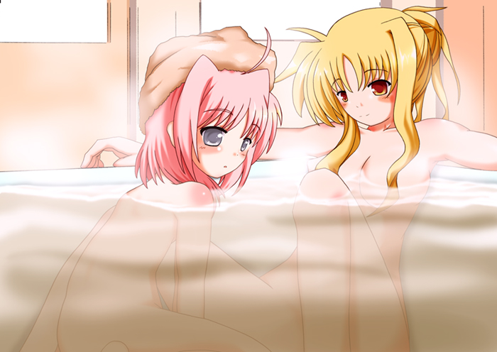 sch, caro ru lushe, fate testarossa, lyrical nanoha, mahou shoujo lyrical nanoha, mahou shoujo lyrical nanoha strikers, looking away, 00s, 2girls, bath, bathing, blonde hair, blue eyes, blush, breasts, cleavage, collarbone, looking to the side, multiple girls, nude, onsen, partially submerged, pink hair, red eyes, short hair, sidelocks, small breasts, steam, towel, towel on head, water, yuri