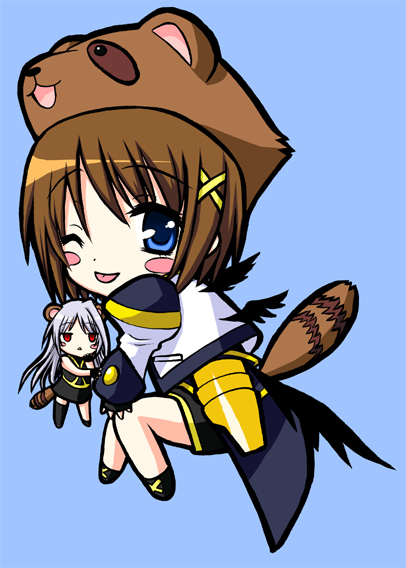 saki chisuzu, reinforce, yagami hayate, lyrical nanoha, mahou shoujo lyrical nanoha, mahou shoujo lyrical nanoha strikers, uniform, 00s, 2girls, animal ears, armor, blue eyes, blush stickers, dress, faulds, full body, hair ornament, long sleeves, looking back, multiple girls, raccoon ears, raccoon tail, short hair, tail, white dress, x hair ornament