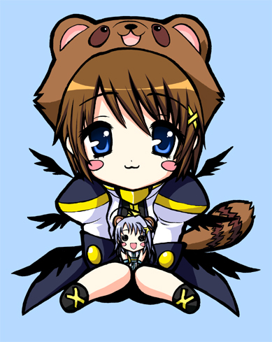 saki chisuzu, reinforce, reinforce zwei, yagami hayate, lyrical nanoha, mahou shoujo lyrical nanoha, mahou shoujo lyrical nanoha strikers, uniform, lowres, 00s, 2girls, animal ears, armor, blue eyes, blush stickers, chibi, dress, faulds, full body, hair ornament, long sleeves, looking back, magical girl, mini person, minigirl, multiple girls, raccoon ears, raccoon tail, short hair, tail, white dress, wings, x hair ornament