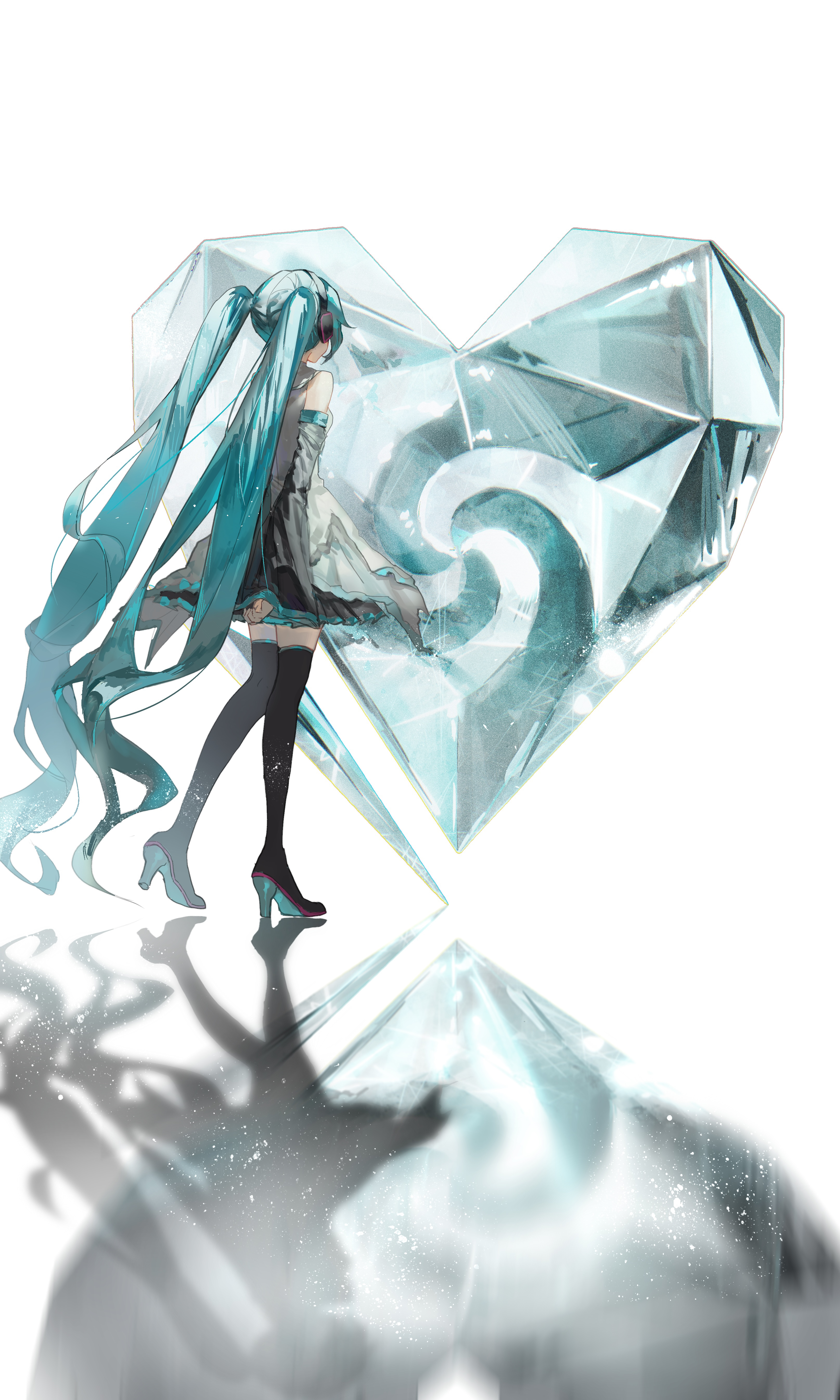 pye yyy, hatsune miku, unknown mother goose (vocaloid), vocaloid, absurdres, commentary request, highres, 1girl, absurdly long hair, aqua hair, aqua trim, arm at side, arm behind back, bare shoulders, black boots, black skirt, black sleeves, boots, chromatic aberration, colored shoe soles, detached sleeves, film grain, from behind, full body, grey shirt, headphones, heart, high heel boots, high heels, knees together feet apart, light particles, long hair, long sleeves, looking ahead, miniskirt, pleated skirt, reflective floor, shirt, simple background, skirt, sleeveless, sleeveless shirt, sleeves past wrists, solo, sparkle, standing, thigh boots, thighhighs, twintails, very long hair, wavy hair, white background, wide sleeves, zettai ryouiki