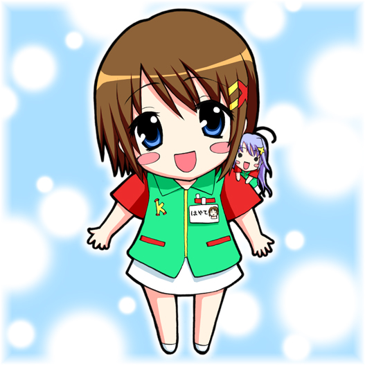 saki chisuzu, reinforce zwei, yagami hayate, lyrical nanoha, mahou shoujo lyrical nanoha, mahou shoujo lyrical nanoha strikers, light purple hair, 00s, 2girls, :d, ahoge, blue eyes, blush, brown hair, chibi, collar, employee uniform, full body, hair ornament, hairclip, looking at viewer, mini person, minigirl, multiple girls, on shoulder, open mouth, pencil skirt, short hair, size difference, skirt, smile, standing, white skirt, zipper