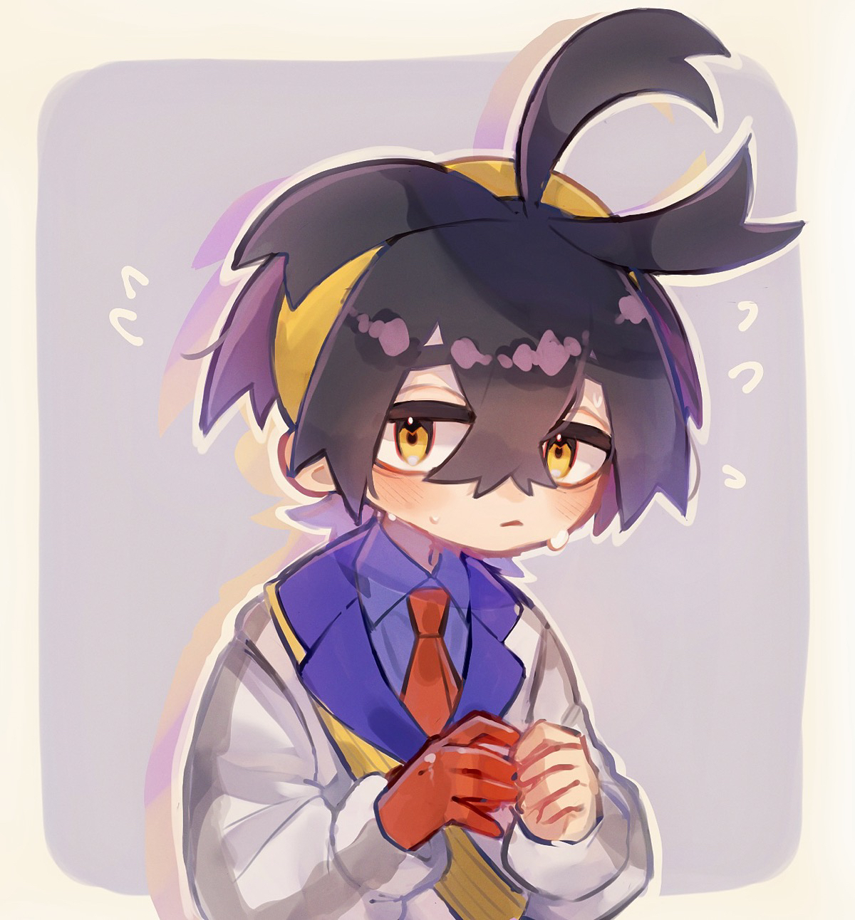 kieran (pokemon), nintendo, pokemon, pokemon sv, commentary request, highres, 1boy, black hair, blue shirt, blush, closed mouth, collared shirt, crossed bangs, flying sweatdrops, gloves, hair between eyes, hairband, jacket, long sleeves, looking at viewer, male focus, multicolored hair, purple hair, red gloves, shirt, simple background, single glove, solo, sweat, tama chan022, upper body, white jacket, yellow eyes, yellow hairband