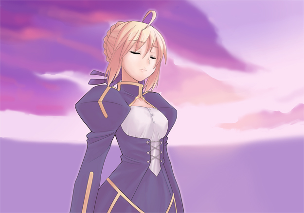 sugar (sugarless), artoria pendragon (fate), saber (fate), fate/stay night, fate (series), 00s, 1girl, ahoge, blonde hair, blue dress, braid, closed eyes, cloud, collarbone, day, dress, female focus, outdoors, short hair, sidelocks, sky, solo, upper body